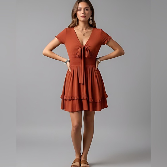Boho Rust Tie Front Ruffle Hem Dress* - Picture 1 of 9